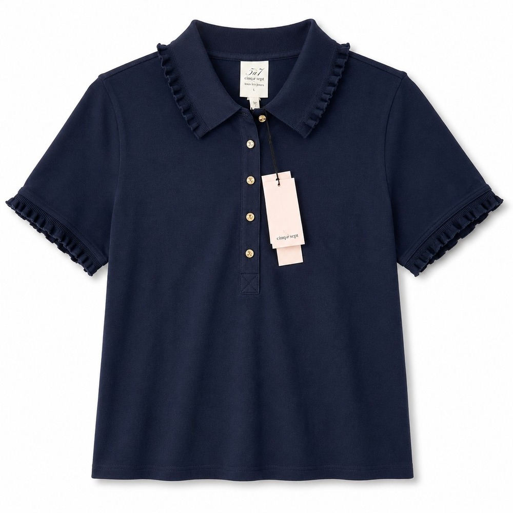 Cinq a Sept Aster Top L Navy Ruffle Polo Shirt Cotton NWT $195